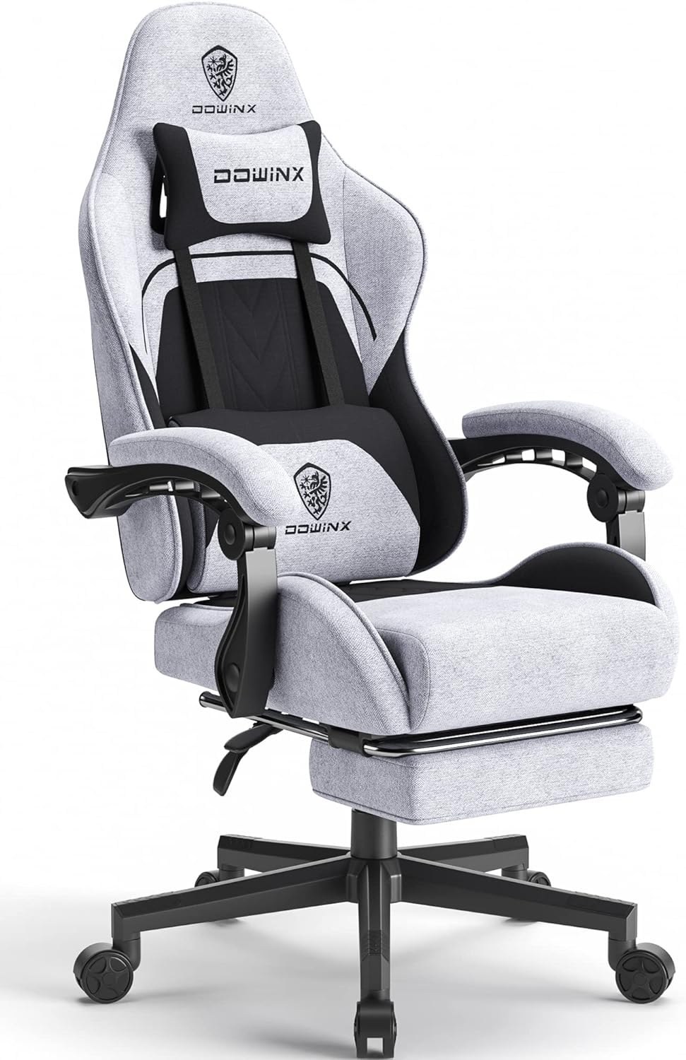 Dowinx Gaming Chair Fabric with Pocket Spring Cushion, Massage Game Chair Cloth with Headrest, Ergonomic Computer Chair with Footrest 290LBS, Blue and Grey