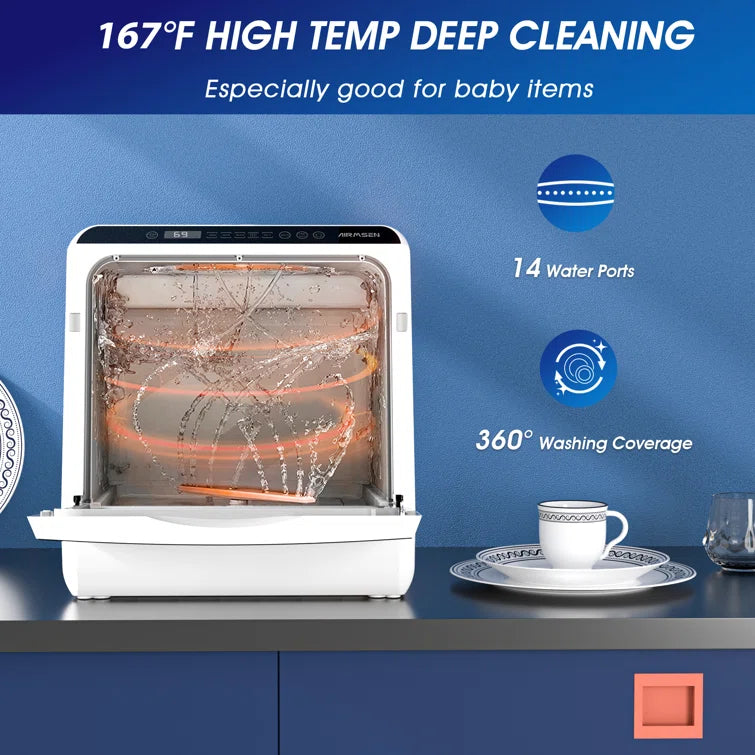 AIRMSEN 16.8" 50 dBA Portable Countertop Dishwasher with 5L Built-in Water Tank