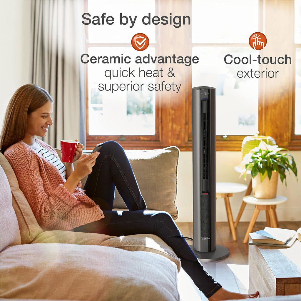 Lasko Oscillating All Season Tower Fan and Space Heater in One for Home with Adjustable Thermostat, Tip-Over Switch, 4 Fan Speeds, 3 Heat Settings and Remote Control, 42 Inches, 1500W, Gray, FH515
