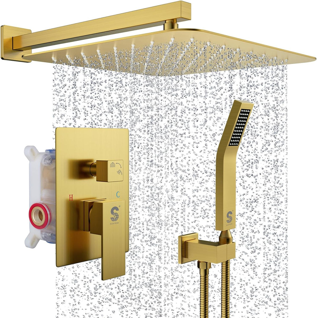 SR SUN RISE 12 Inches Matte Black Shower System 12 Inch Brass Bathroom Luxury Rain Mixer Shower Combo Set Wall Mounted Rainfall Shower Head System Shower Faucet Rough-in Valve Body and Trim Included