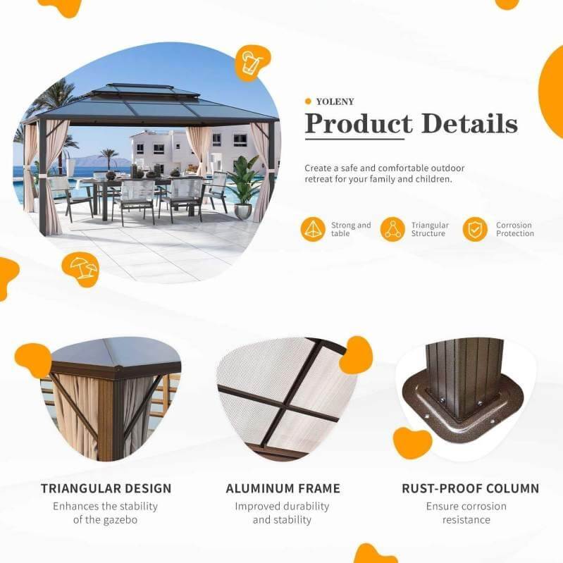 （Limit one per order）10'x13' Outdoor Polycarbonate Double Roof Hard Top Gazebo