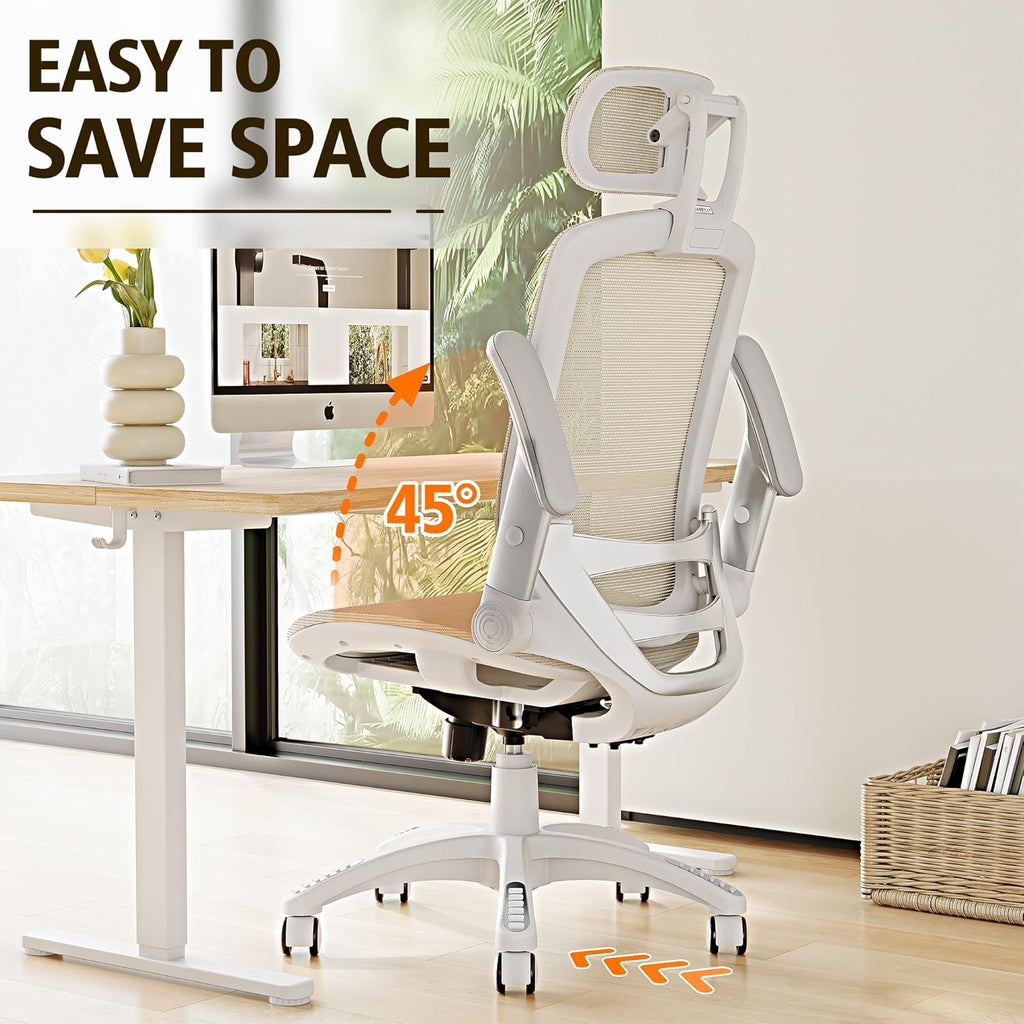 GABRYLLY Ergonomic Office Chair, High Back Home Desk Chair with Headrest, Flip-Up Arms, 90-120° Tilt Lock and Wide Cushion, Big and Tall Mesh Chairs for Man Woman, Grey Task Chair
