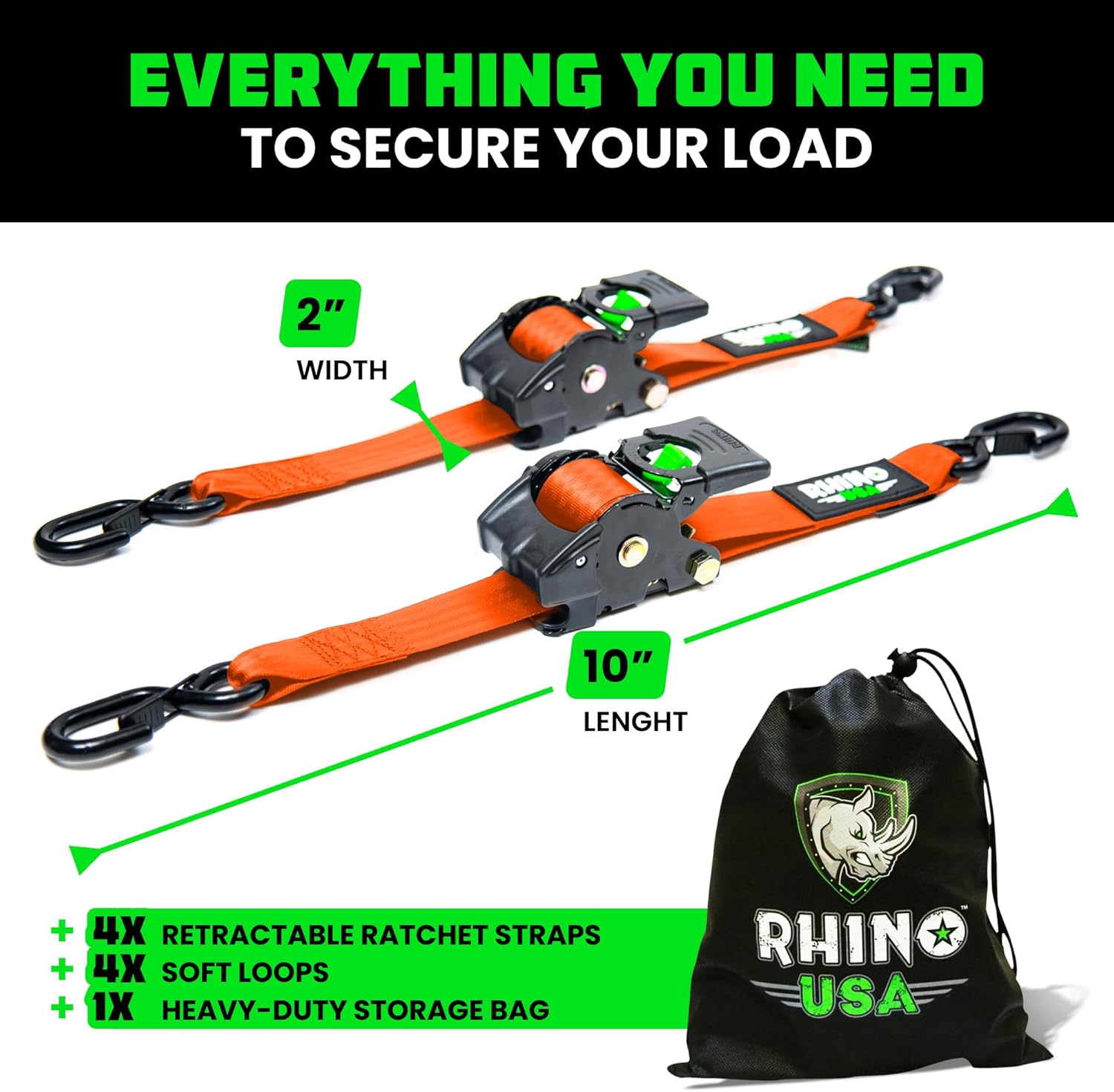 Rhino USA Retractable Ratchet Straps (2-Pack) - 2 Inch x 10 Feet (3,033lb Break Strength) - Heavy Duty Auto Self Retracting Tie Down Straps for Truck, Cargo Trailer, Motorcycle, Rad & More - Black