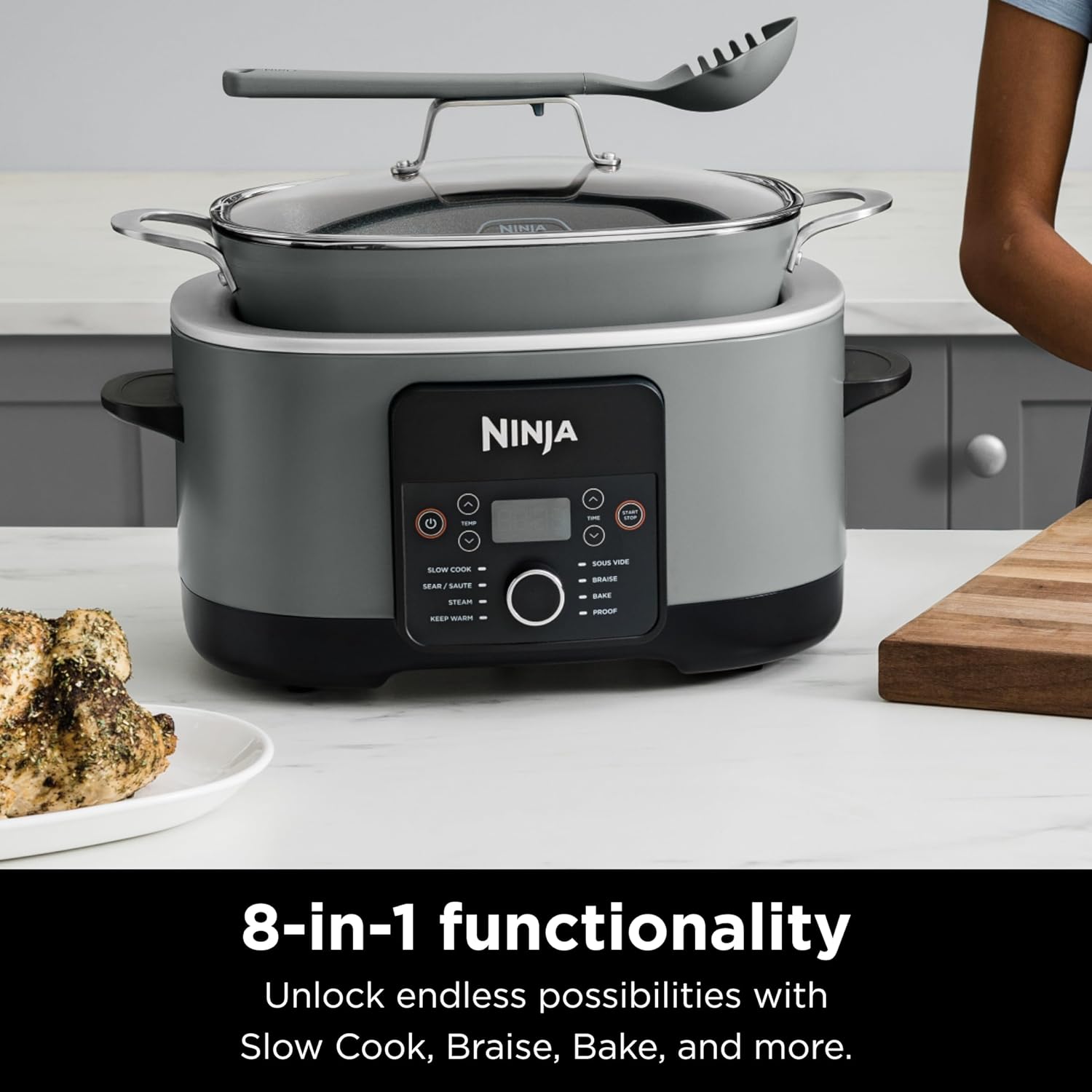 Ninja MC1010 Foodi PossibleCooker PLUS - Sous Vide & Proof 6-in-1 Multi-Cooker, with 8.5 Quarts, Slow Cooker, Dutch Oven & More, Glass Lid & Integrated Spoon, Nonstick, Oven Safe Pot to 500°F, Black