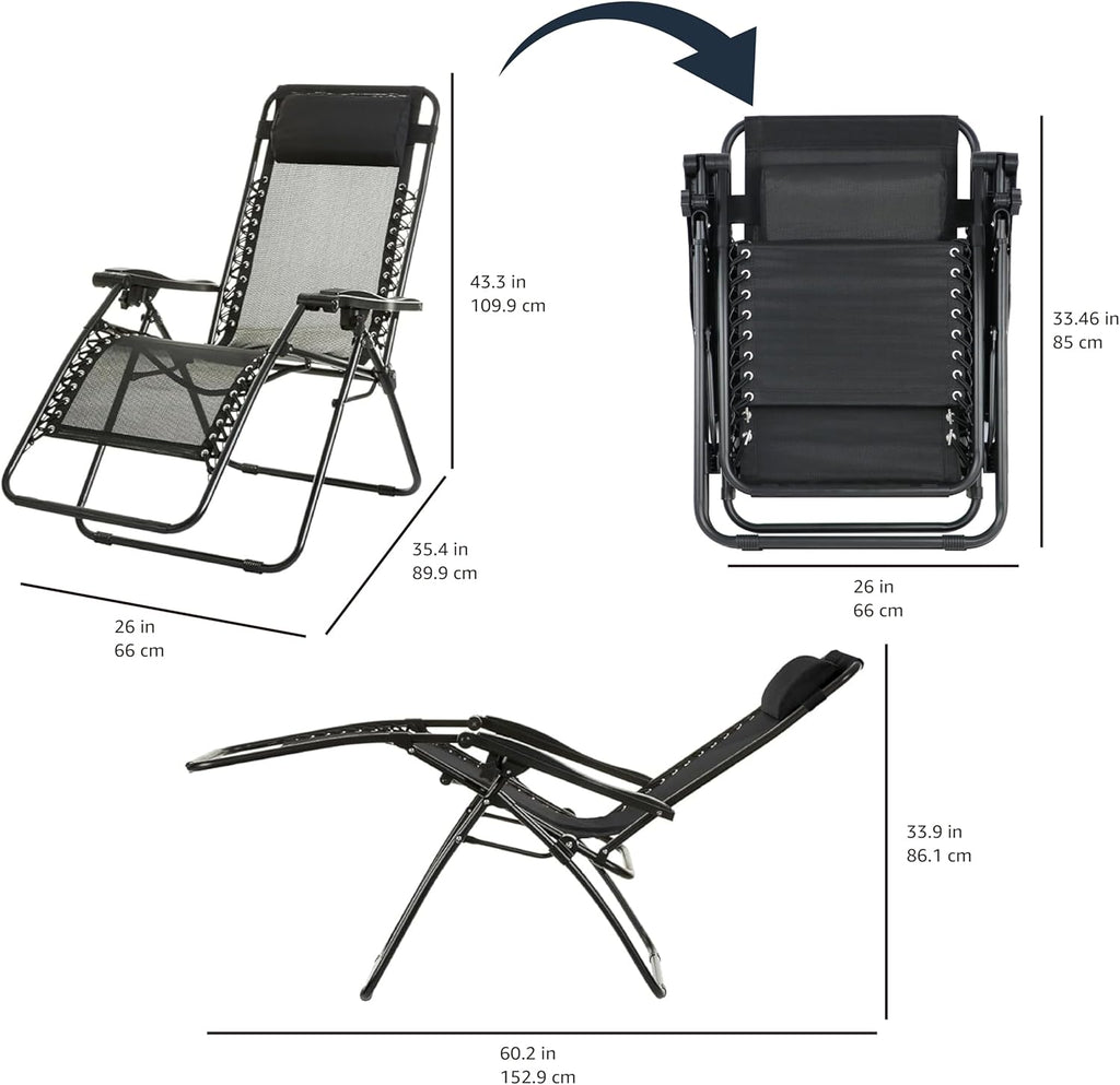 Basics Outdoor Textilene Adjustable Zero Gravity Folding Reclining Lounge Chair with Pillow, 26", Navy Blue