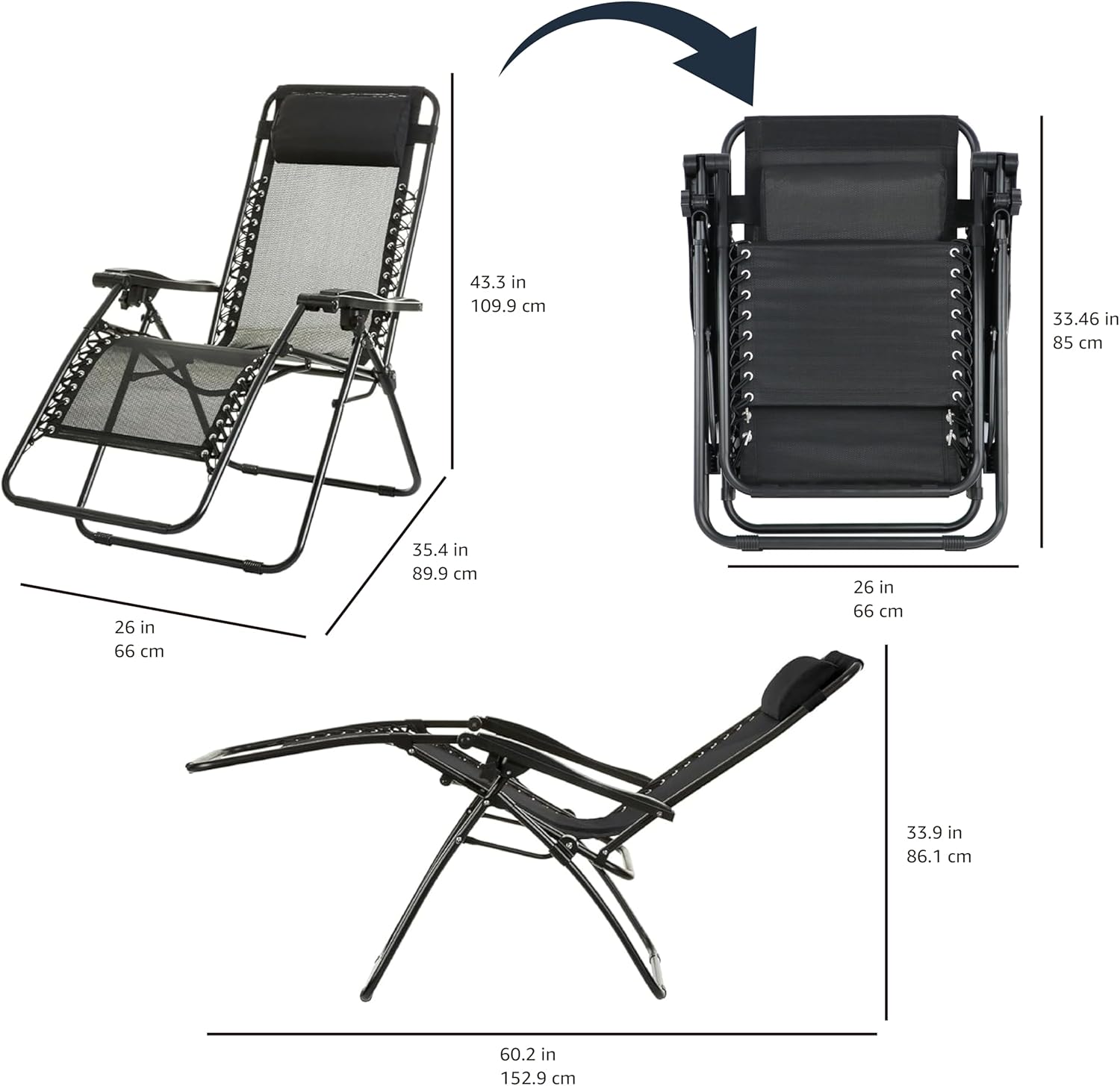 Basics Outdoor Textilene Adjustable Zero Gravity Folding Reclining Lounge Chair with Pillow, 26", Navy Blue