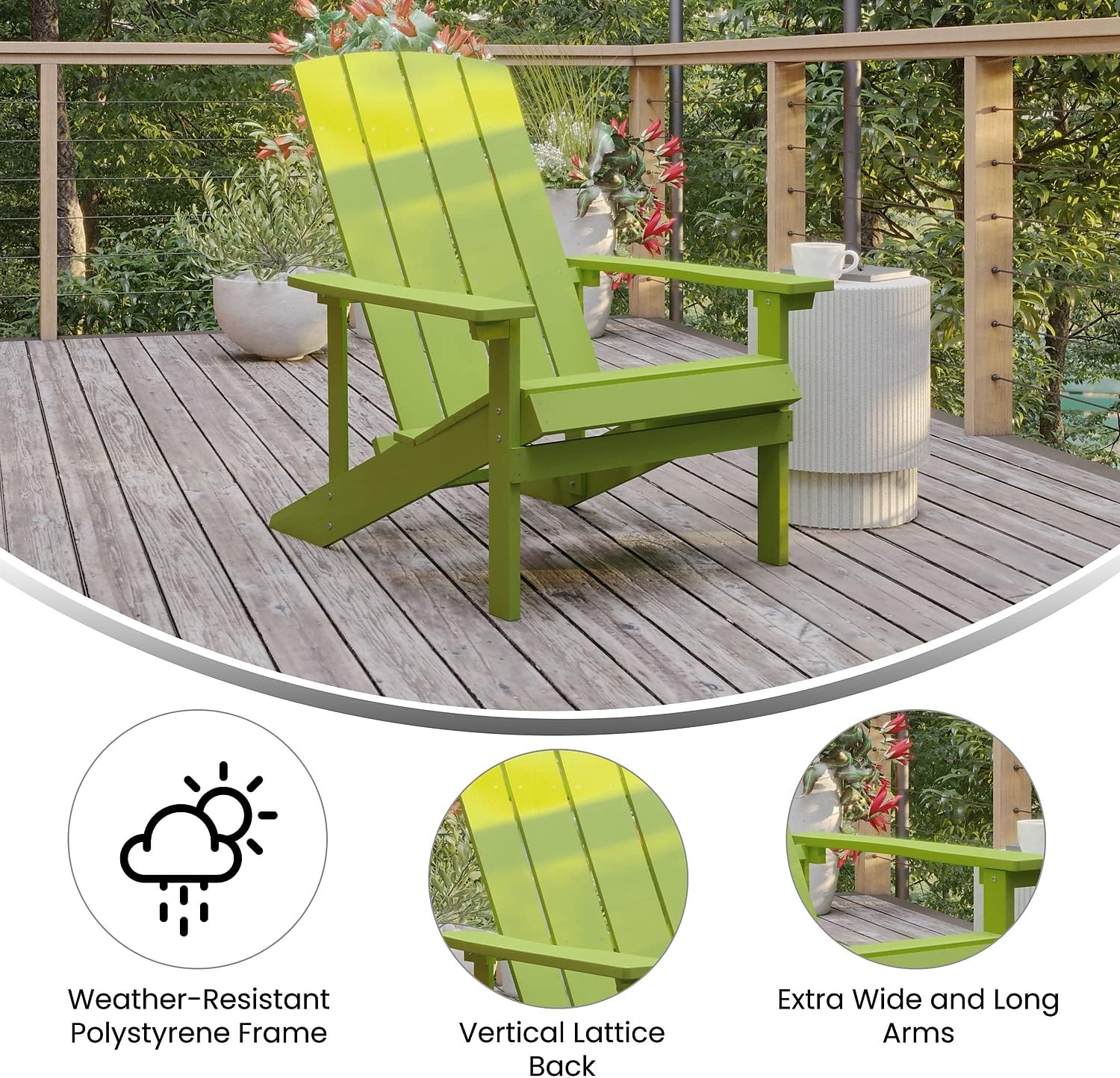 Flash Furniture Charlestown Commercial Grade Indoor/Outdoor Adirondack Chair, Weather Resistant Durable Poly Resin Deck and Patio Seating, Green