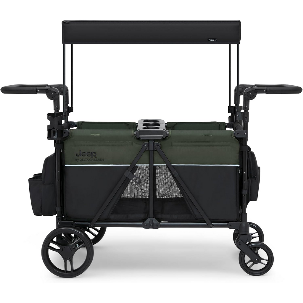 Delta Children - Jeep Wrangler Deluxe 4 Seater Stroller Wagon - Premium Quad Stroller Wagon for 4 Kids with Convertible Seats, Adjustable Push/Pull Handles, Removable Canopy & Flat Fold, Black/Green