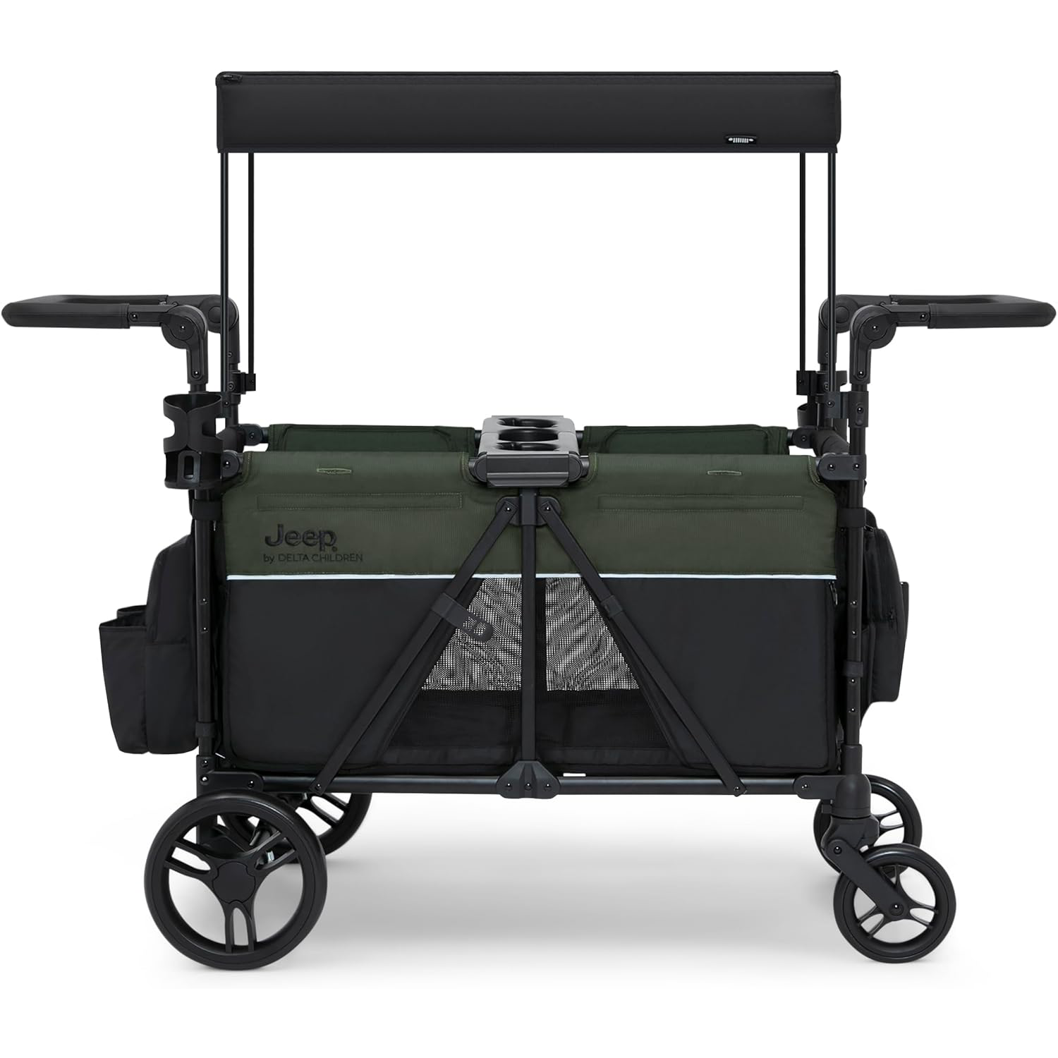 Delta Children - Jeep Wrangler Deluxe 4 Seater Stroller Wagon - Premium Quad Stroller Wagon for 4 Kids with Convertible Seats, Adjustable Push/Pull Handles, Removable Canopy & Flat Fold, Black/Green