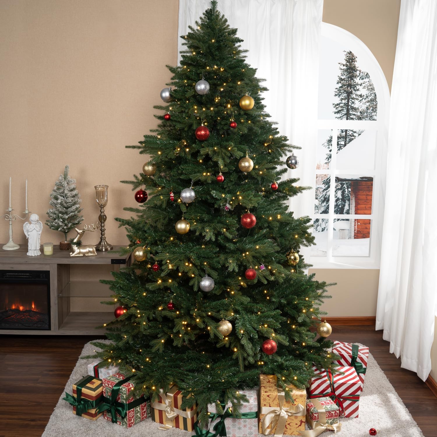 Naomi Home 6.5ft Rustic Christmas Tree with Lights, Realistic Classic Prelit with 2595 Branch Tips, 600 Warm Lights and Metal Stand, Aritificial Tree