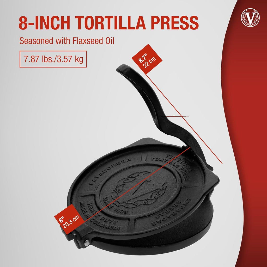 Victoria 10-Inch Commercial-Grade Cast-Iron Tortilla Press, Made from Super-Durable HD Iron, Made in Colombia