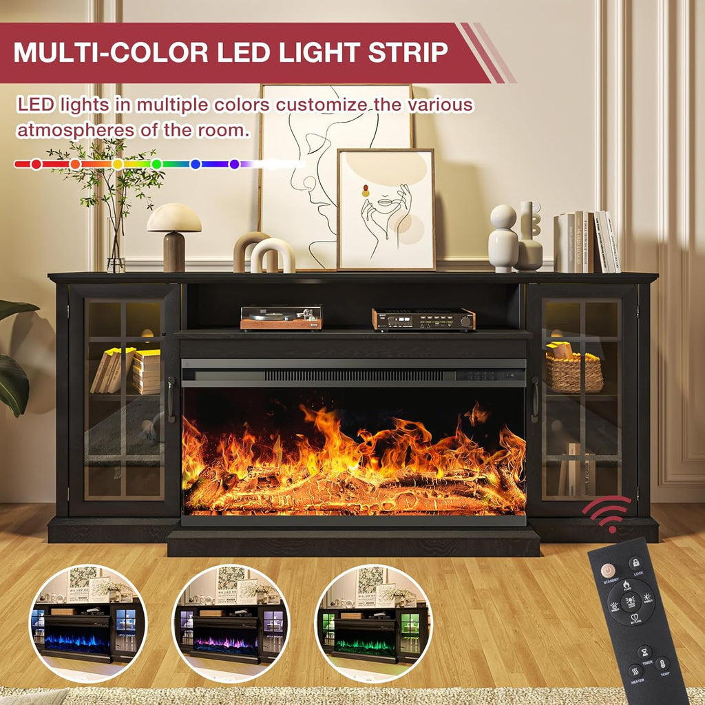 oneinmil 59'' Fireplace TV Stand, 3 Sided Glass Media Entertainment Center Console Table for TVs up to 65'' with Glass Door Adjustable Flame LED Color for Living Room, Set of TV Table, White