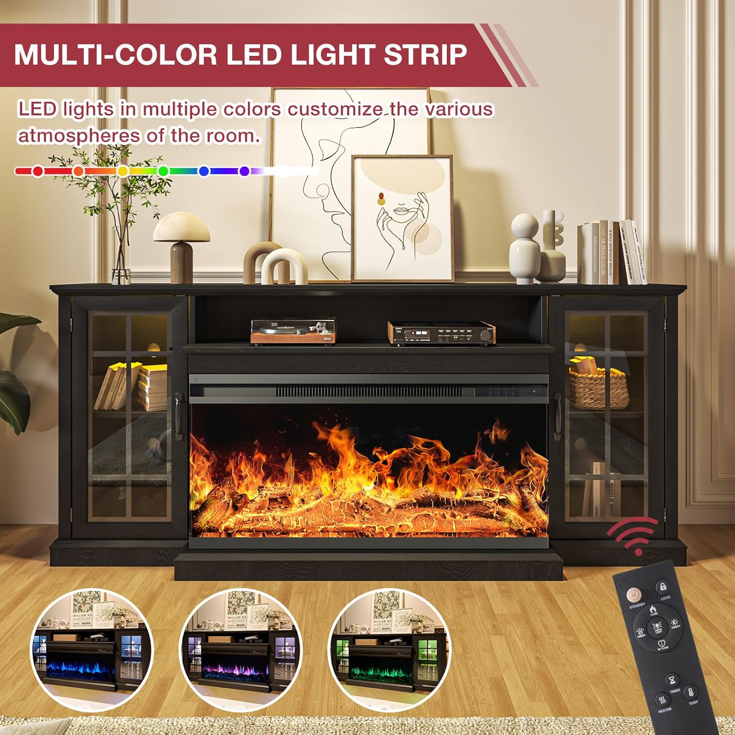 oneinmil 59'' Fireplace TV Stand, 3 Sided Glass Media Entertainment Center Console Table for TVs up to 65'' with Glass Door Adjustable Flame LED Color for Living Room, Set of TV Table, White