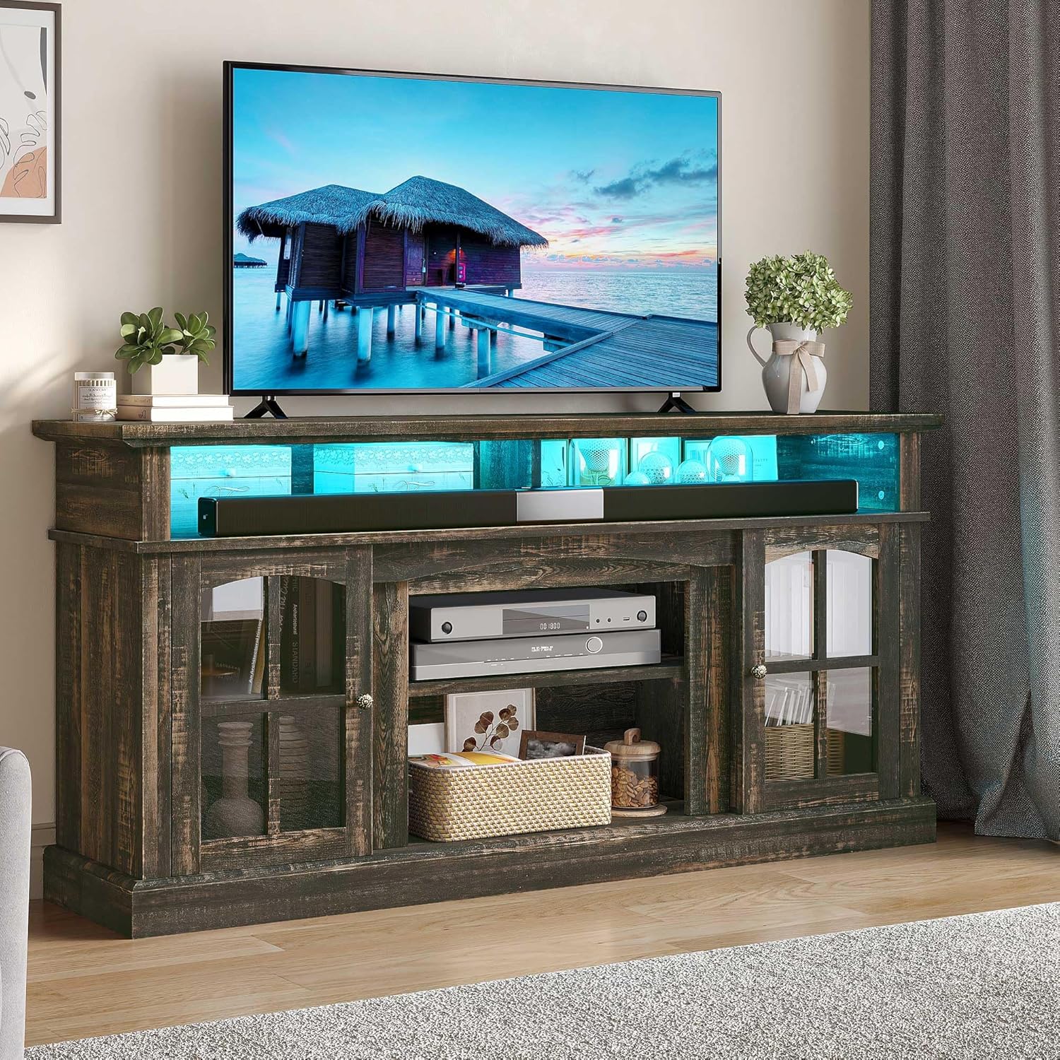 LED Farmhouse TV Stand for TV up to 75" w/Outlets, Highboy Media Entertainment Center Console Table Adjustable Storage Shelves &Cabinet Glass Door for 400lbs for Living Room