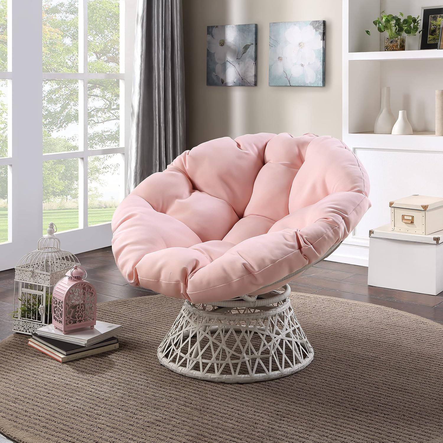 OSP Home Furnishings Wicker Papasan Chair with 360-Degree Swivel, Brown Frame with Brown Cushion