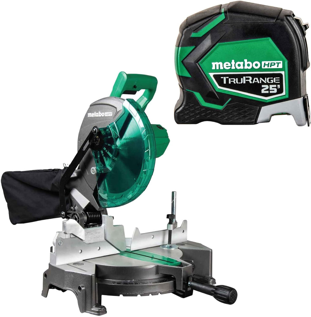 Bundle of Metabo HPT Compound Miter Saw, 10" Miter Saw with Large Table Saw for woodworking, C10FCGS + Metabo HPT 25 Ft Tape Measure, 17-Ft Reach & 14-Ft Standout, 115925M