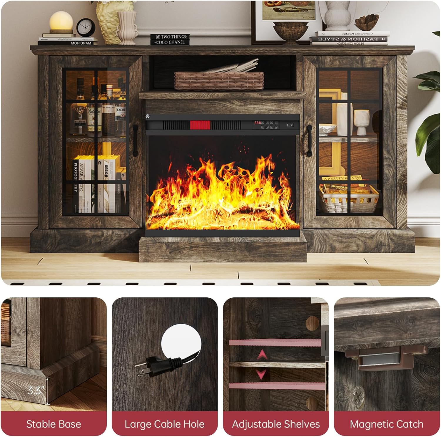 oneinmil 59'' Fireplace TV Stand, 3 Sided Glass Media Entertainment Center Console Table for TVs up to 65'' with Glass Door Adjustable Flame LED Color for Living Room, Set of TV Table, White