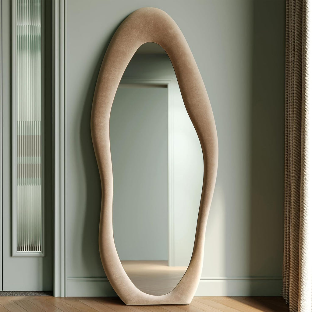 Honyee Full Length Mirror, 63" x 24" Wall Mirror, Flannel Wrapped Wooden Frame Full Body Mirror, Irregular Wavy Mirror Hanging or Leaning Against Wall for Cloakroom/Bedroom/Living Room, Ivory White