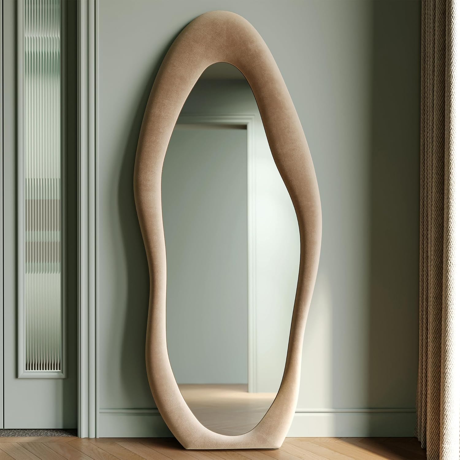 Honyee Full Length Mirror, 63" x 24" Wall Mirror, Flannel Wrapped Wooden Frame Full Body Mirror, Irregular Wavy Mirror Hanging or Leaning Against Wall for Cloakroom/Bedroom/Living Room, Ivory White