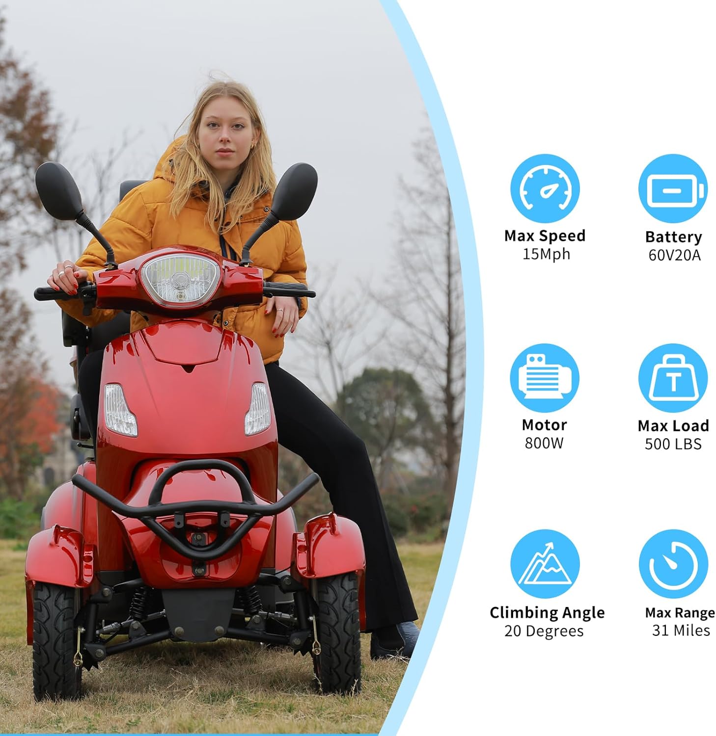 Mobility Scooters for Seniors,Heavy-Duty 4 Wheel Mobility Scooters for Travel,500LBS Capacity 800W All Terrain Handicap Scooters for Adults (Red-XL)