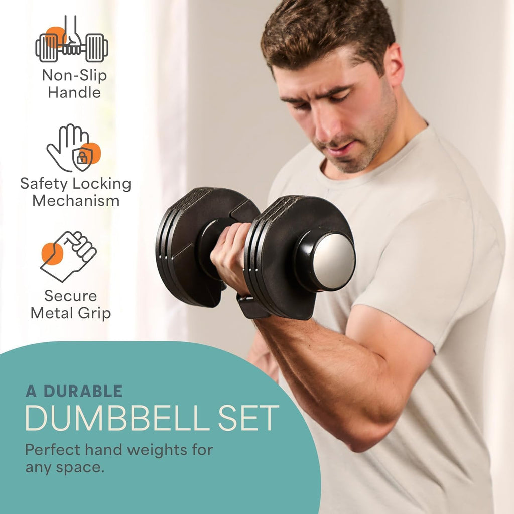Lifepro Adjustable Dumbbells Set/Single - 15lb 43lb 55lb 25 lb Dumbbell Sets with Rack - Quick Adjust, Secure Grip weights dumbbells set - Compact Hand Weights for Women/Men at Home Gym