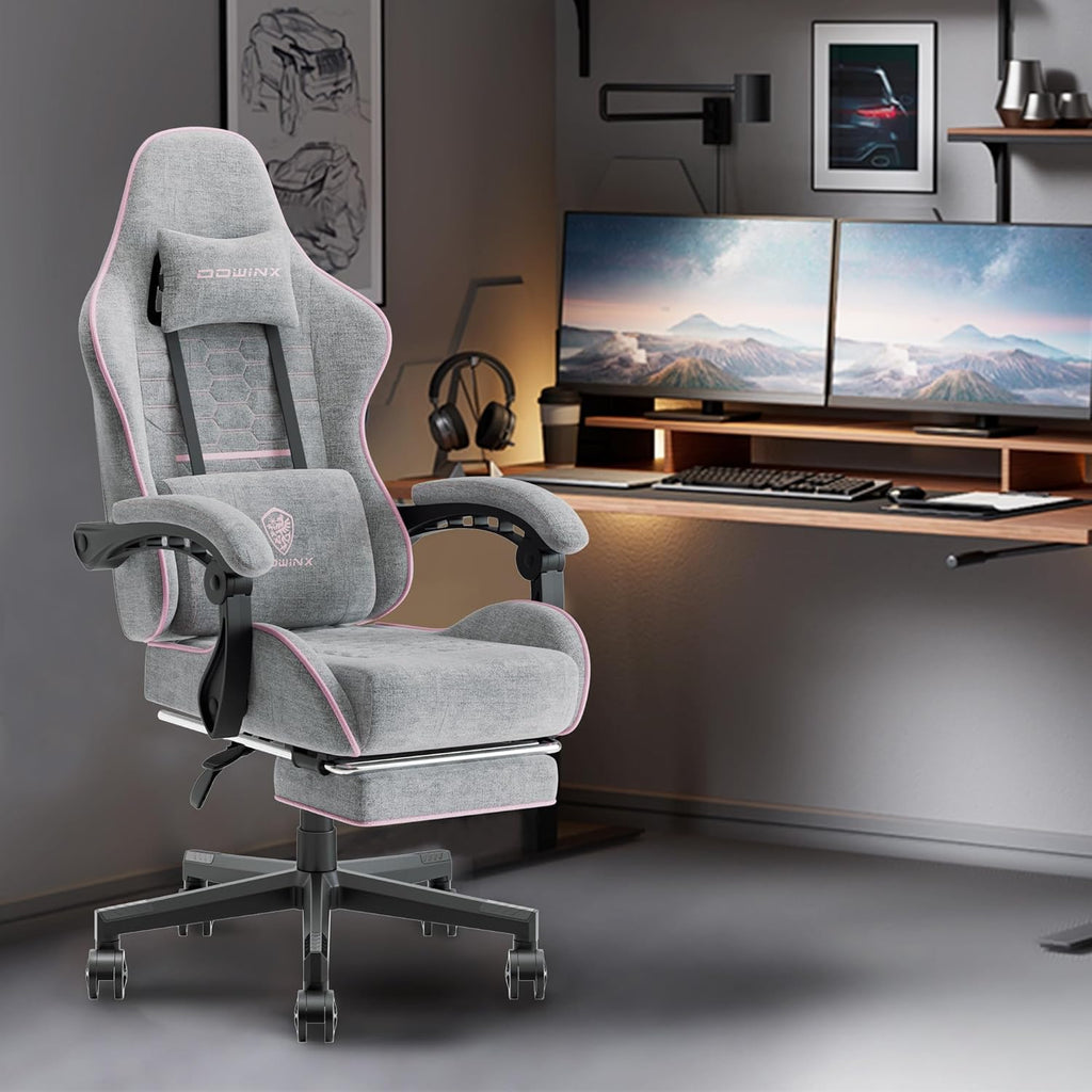 Dowinx Gaming Chair Fabric with Pocket Spring Cushion, Massage Game Chair Cloth with Headrest, Ergonomic Computer Chair with Footrest 290LBS, Blue and Grey