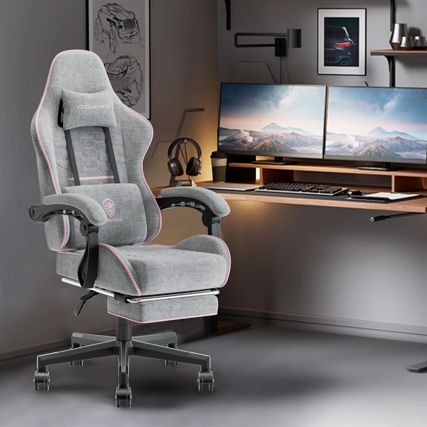 Dowinx Gaming Chair Fabric with Pocket Spring Cushion, Massage Game Chair Cloth with Headrest, Ergonomic Computer Chair with Footrest 290LBS, Blue and Grey