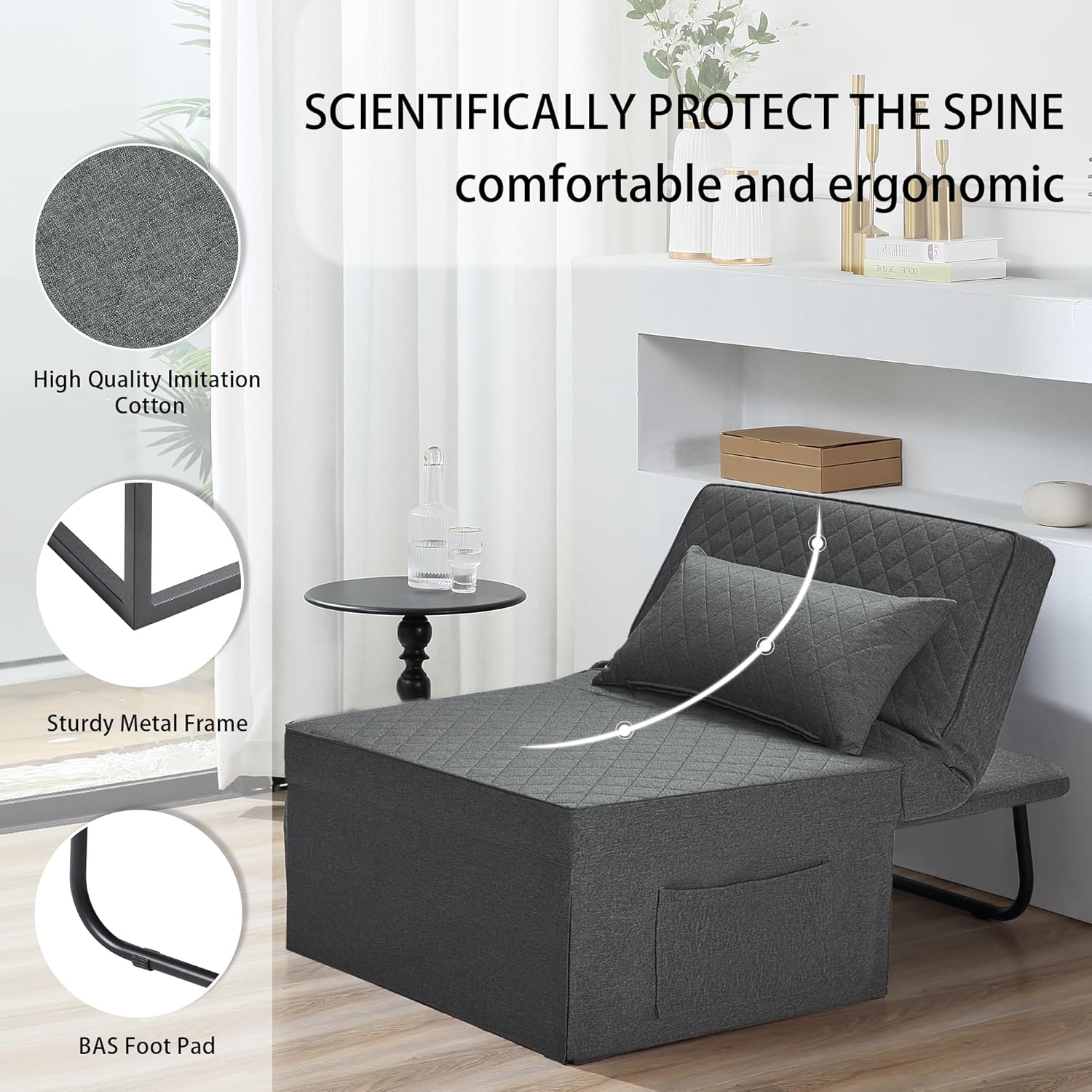 Sofa Bed, 4 in 1 Multi-Function Folding Ottoman Breathable Linen Couch Bed with Adjustable Backrest Modern Convertible Chair for Living Room Apartment Office