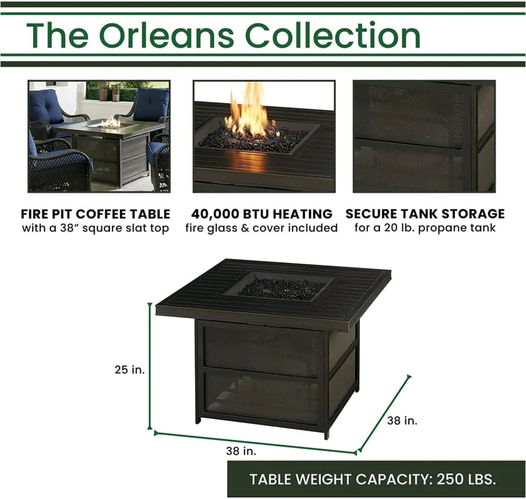 2025 New Hanover Orleans 5-Piece Steel Patio Fire Pit Conversation Set with Cushions, Swivel Gliders and Square Fire Pit Table