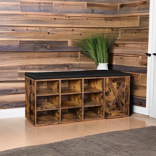 VASAGLE Shoe Bench, Storage Bench with Cupboard and 9 Open Compartments, Shoe Shelf, Padded Seat, Barn Door, 11.8 x 43.3 x 18.9 Inches, Rustic Brown ULHS058X01