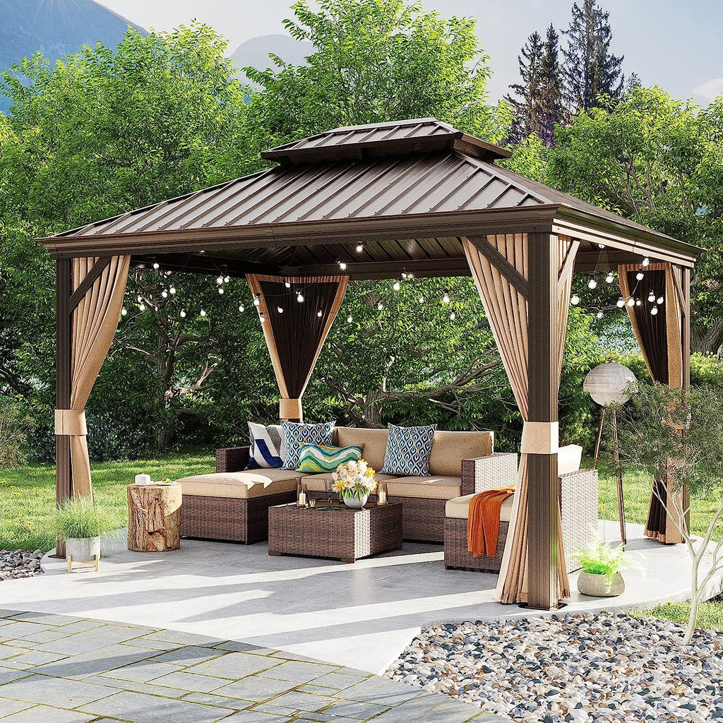 💖Clearance sale✨10’ft x 12’ft Hardtop Gazebo, With Privacy Curtain And Mosquito Net（brown）（Grey）