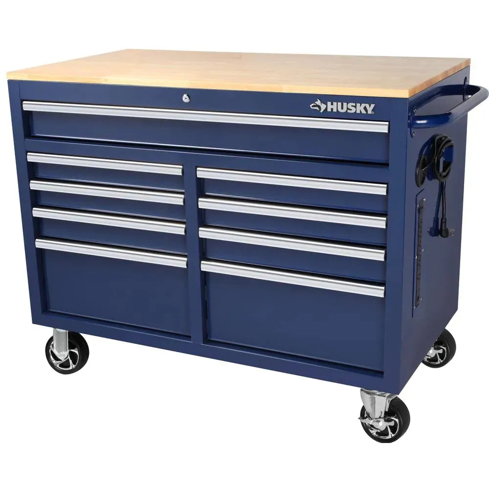 46 in. W x 24.5 in. D 9-Drawer Gloss Black Deep Tool Chest Mobile Workbench with Hardwood Top and Power Station