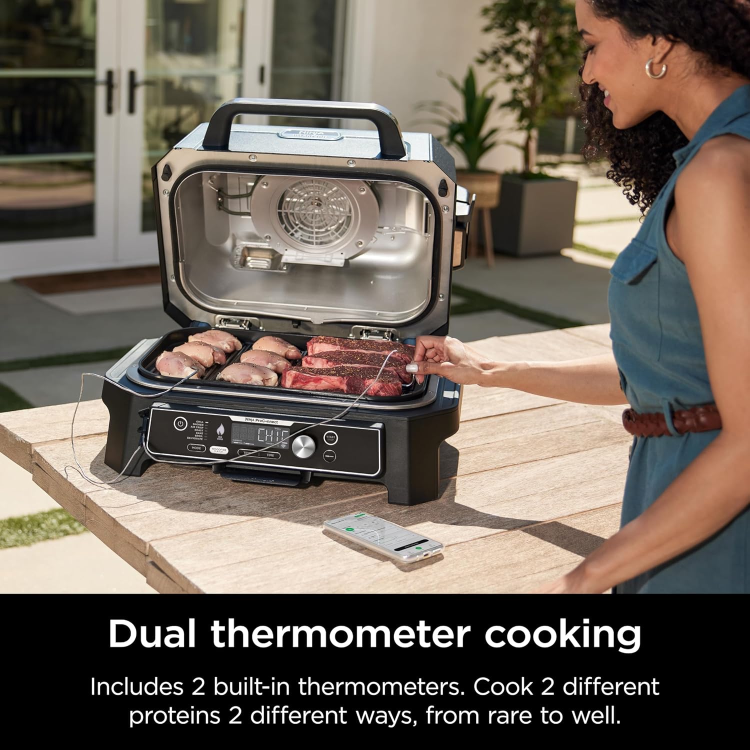 Ninja OG951 Woodfire Pro Connect Premium XL Outdoor Grill & Smoker, Bluetooth, App Enabled, 7-in-1 Master Grill, BBQ Smoker, Outdoor Air Fryer, Woodfire Technology, 2 Built-In Thermometers, Black