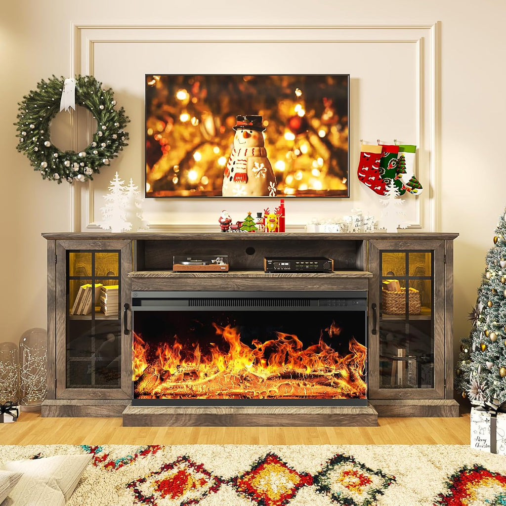 oneinmil 59'' Fireplace TV Stand, 3 Sided Glass Media Entertainment Center Console Table for TVs up to 65'' with Glass Door Adjustable Flame LED Color for Living Room, Set of TV Table, White