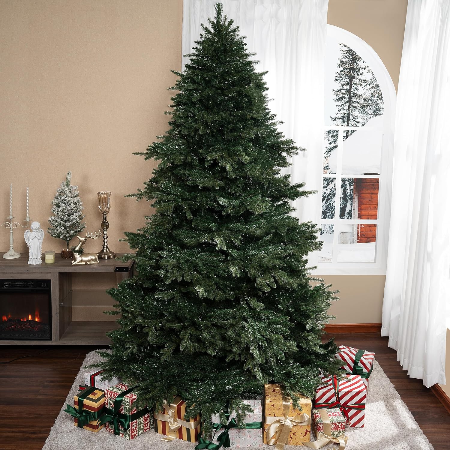 Naomi Home 6.5ft Rustic Christmas Tree with Lights, Realistic Classic Prelit with 2595 Branch Tips, 600 Warm Lights and Metal Stand, Aritificial Tree