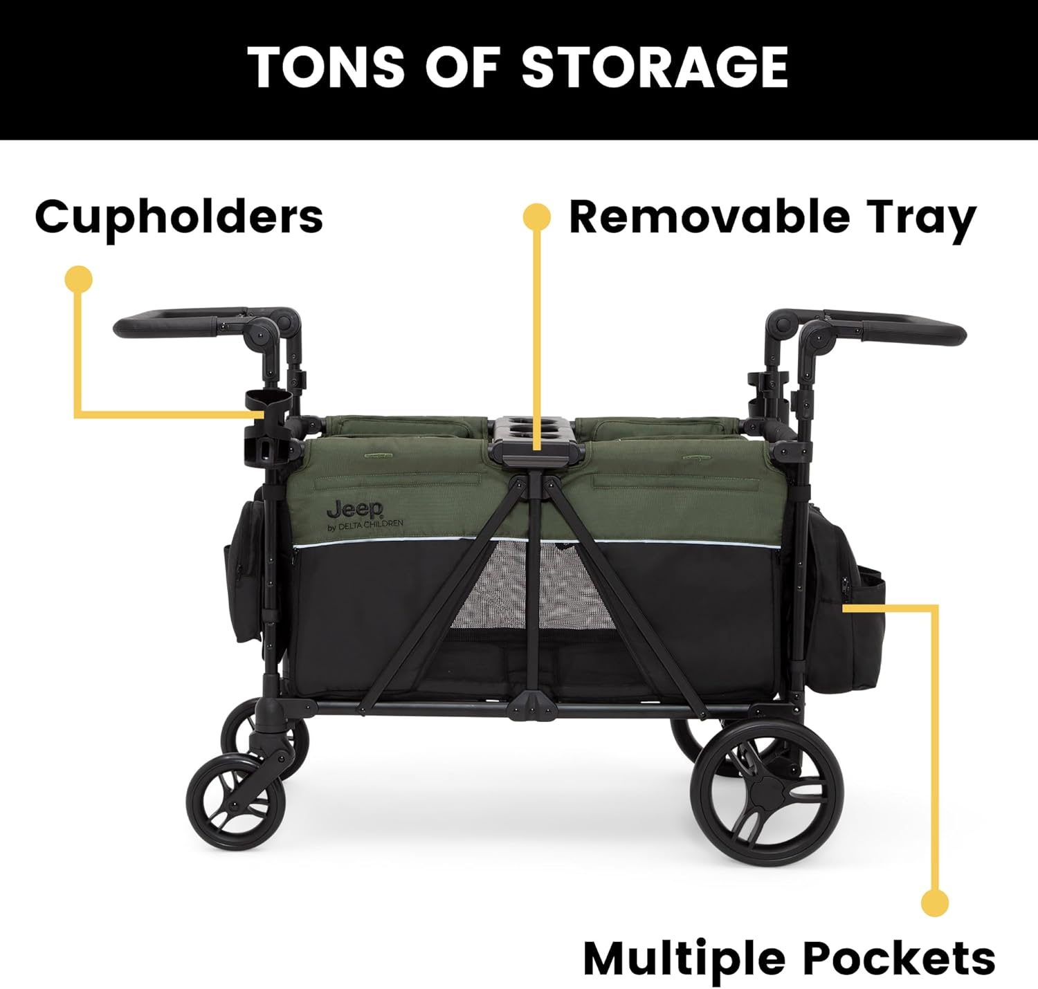 Delta Children - Jeep Wrangler Deluxe 4 Seater Stroller Wagon - Premium Quad Stroller Wagon for 4 Kids with Convertible Seats, Adjustable Push/Pull Handles, Removable Canopy & Flat Fold, Black/Green