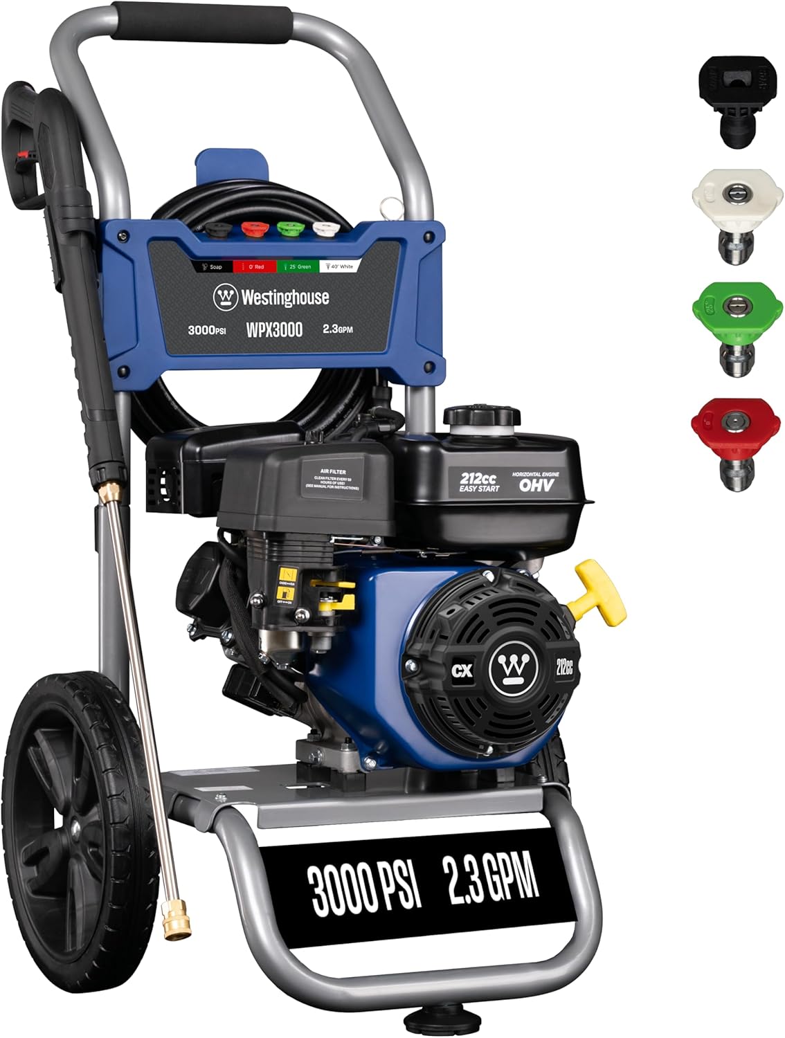 Westinghouse WPX3400 Gas Pressure Washer, 3400 PSI and 2.6 Max GPM, Onboard Soap Tank, Spray Gun and Wand, 5 Nozzle Set, for Cars/Fences/Driveways/Homes/Patios/Furniture