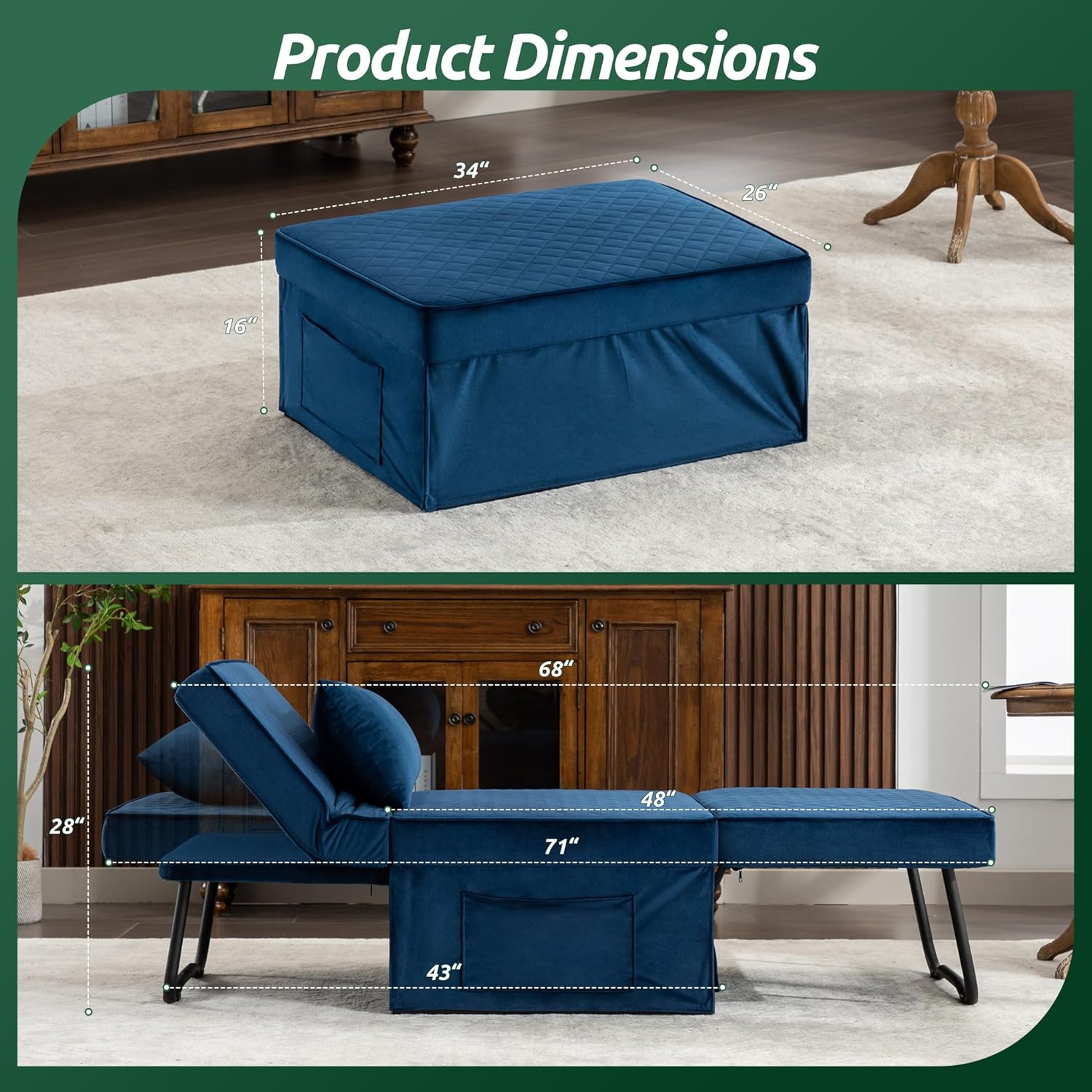 Sofa Bed, 4 in 1 Multi-Function Folding Ottoman Breathable Linen Couch Bed with Adjustable Backrest Modern Convertible Chair for Living Room Apartment Office