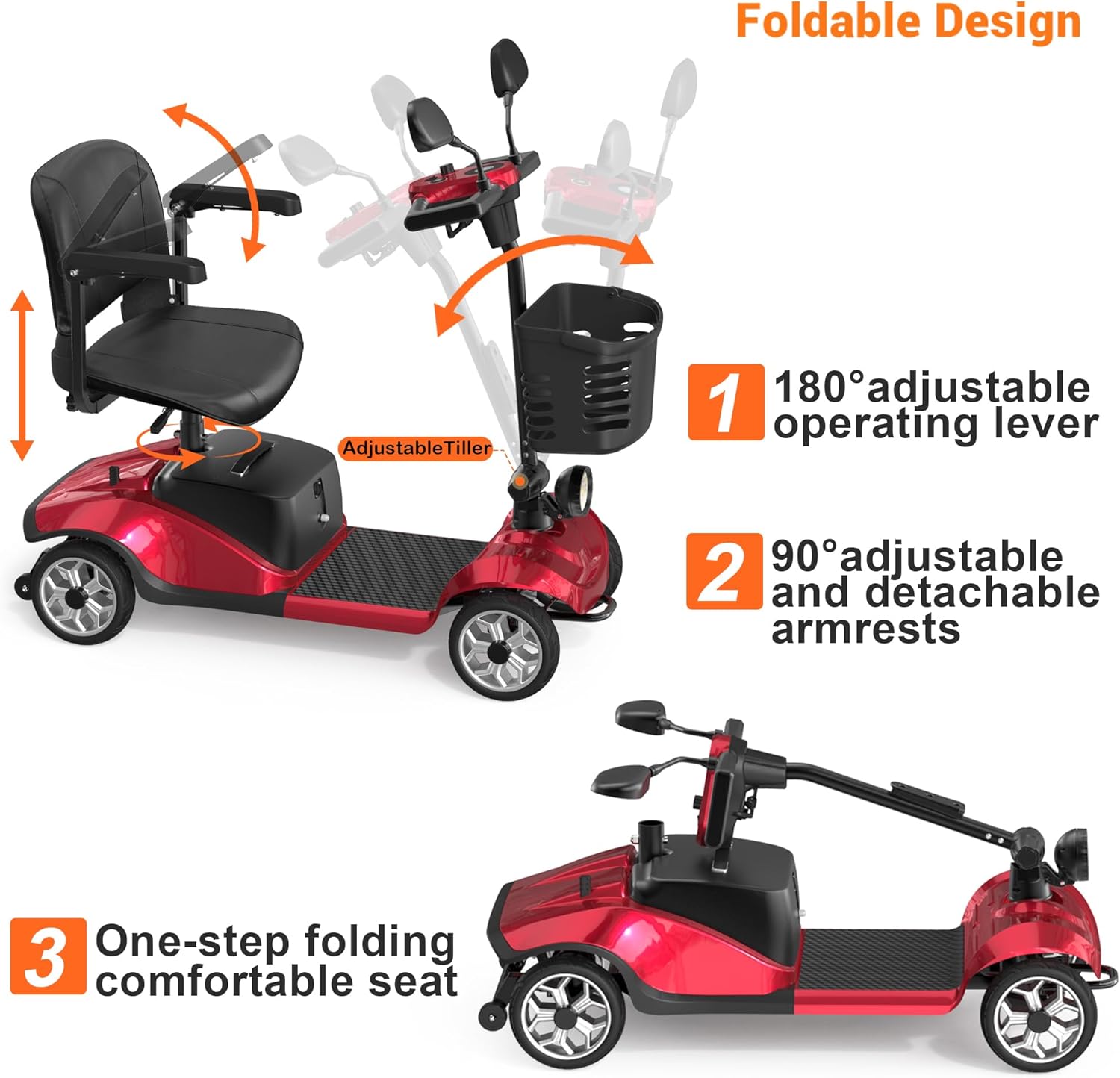 Mobility Scooter for Adults, Foldable 4 Wheels Motorized Mobility Scooter w/Dustproof Cover, 15Miles Range, Rotating Seat, 350LBS Capacity, Seniors Electric Powered Mobility for Outdoor, Red