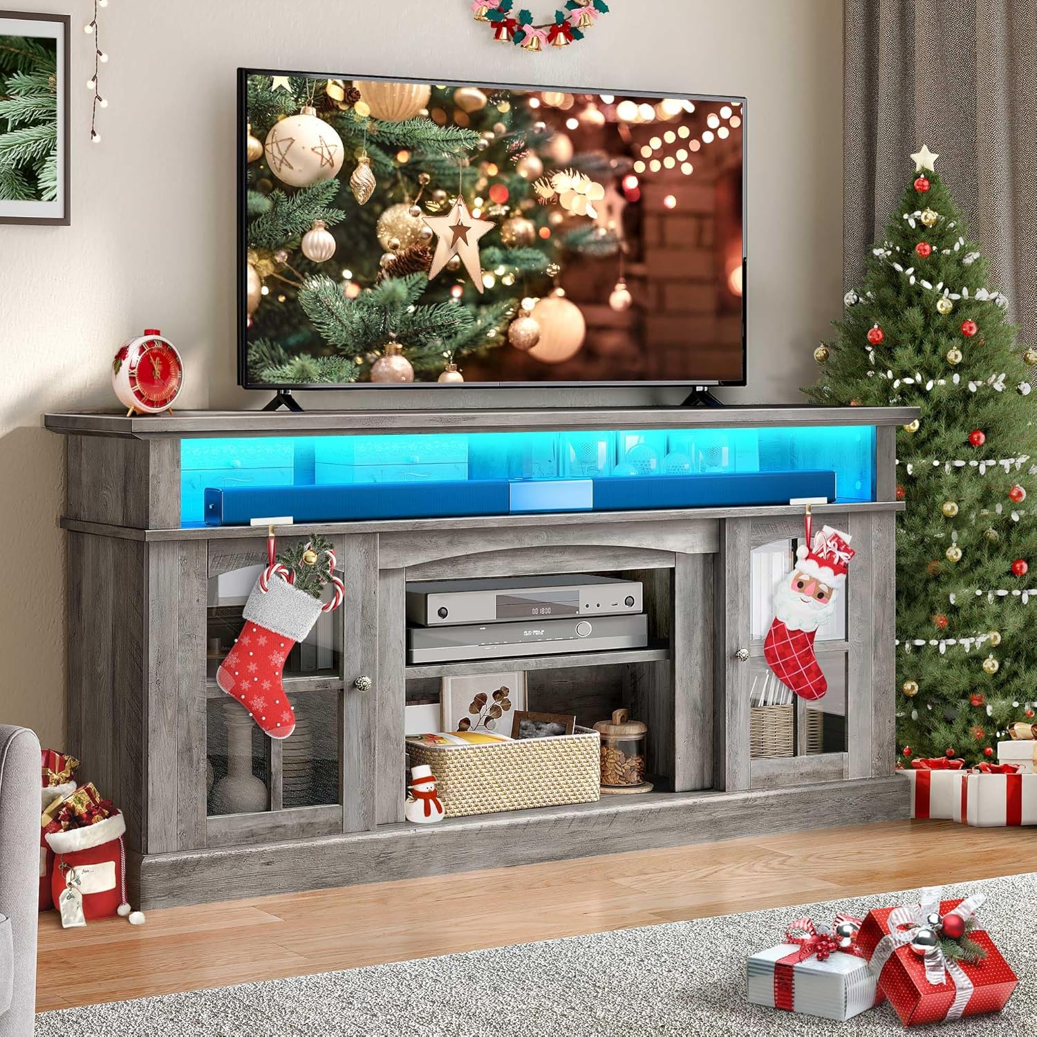 LED Farmhouse TV Stand for TV up to 75" w/Outlets, Highboy Media Entertainment Center Console Table Adjustable Storage Shelves &Cabinet Glass Door for 400lbs for Living Room