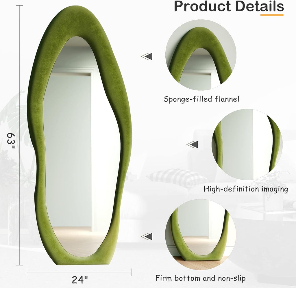 Honyee Full Length Mirror, 63" x 24" Wall Mirror, Flannel Wrapped Wooden Frame Full Body Mirror, Irregular Wavy Mirror Hanging or Leaning Against Wall for Cloakroom/Bedroom/Living Room, Ivory White