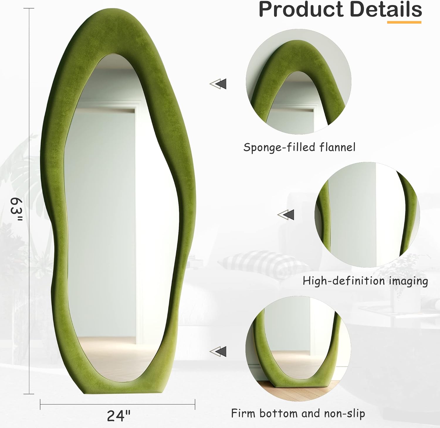 Honyee Full Length Mirror, 63" x 24" Wall Mirror, Flannel Wrapped Wooden Frame Full Body Mirror, Irregular Wavy Mirror Hanging or Leaning Against Wall for Cloakroom/Bedroom/Living Room, Ivory White