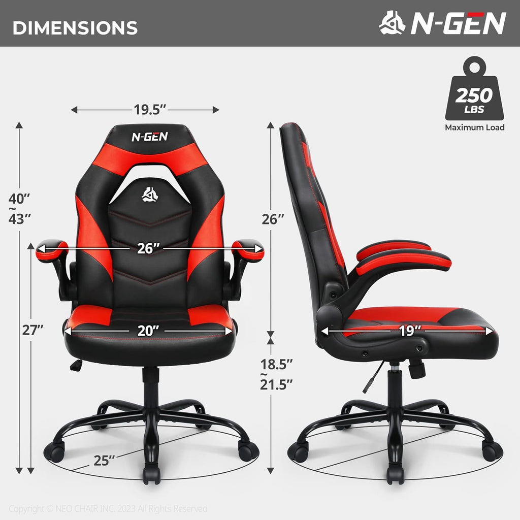 N-GEN Video Gaming Computer Chair Ergonomic Office Chair Desk Chair with Lumbar Support Flip Up Arms Adjustable Height Swivel PU Leather Executive with Wheels for Adults Women Men (Pink)