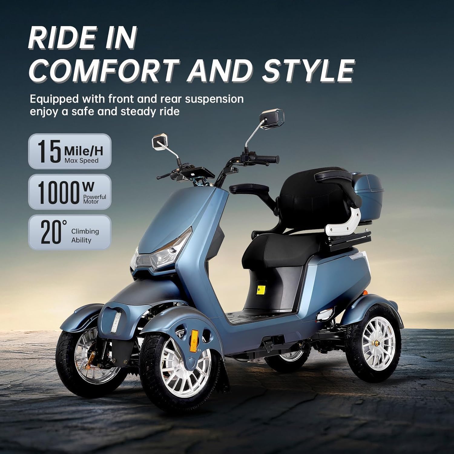 1000W 15 MPH Heavy Duty 4 Wheel Mobility Scooter 500lbs Loadweight, 3 Speed Control Mobility Scooters with 31 Mile Long Range Battery for Seniors & Adults Travel, 20° Max Climbing, Remote Key, Silver
