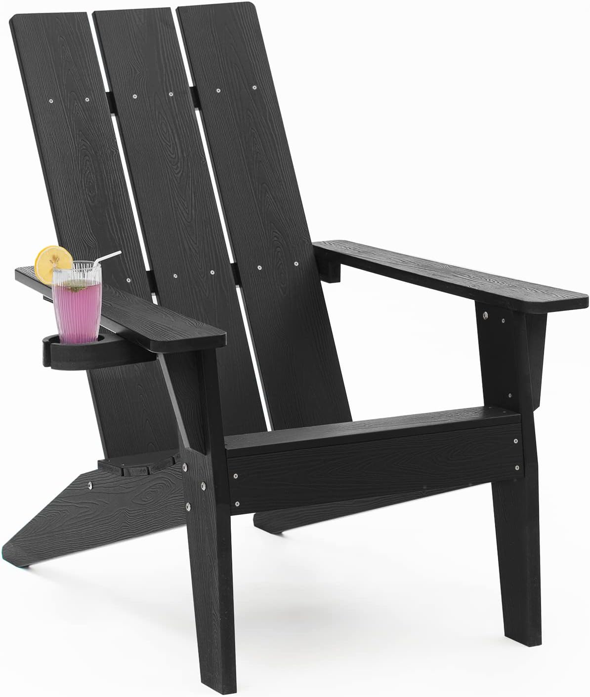MXIMU Modern Adirondack Chairs Set of 4 Weather Resistant with Cup Holder Oversize Plastic Fire Pit Chairs Plastic Outdoor Chairs for Firepit Area Seating (Black)
