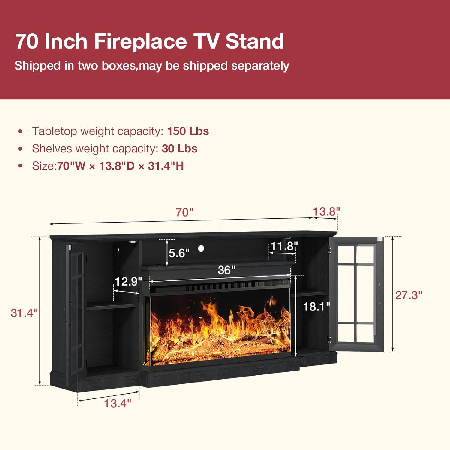 oneinmil 59'' Fireplace TV Stand, 3 Sided Glass Media Entertainment Center Console Table for TVs up to 65'' with Glass Door Adjustable Flame LED Color for Living Room, Set of TV Table, White