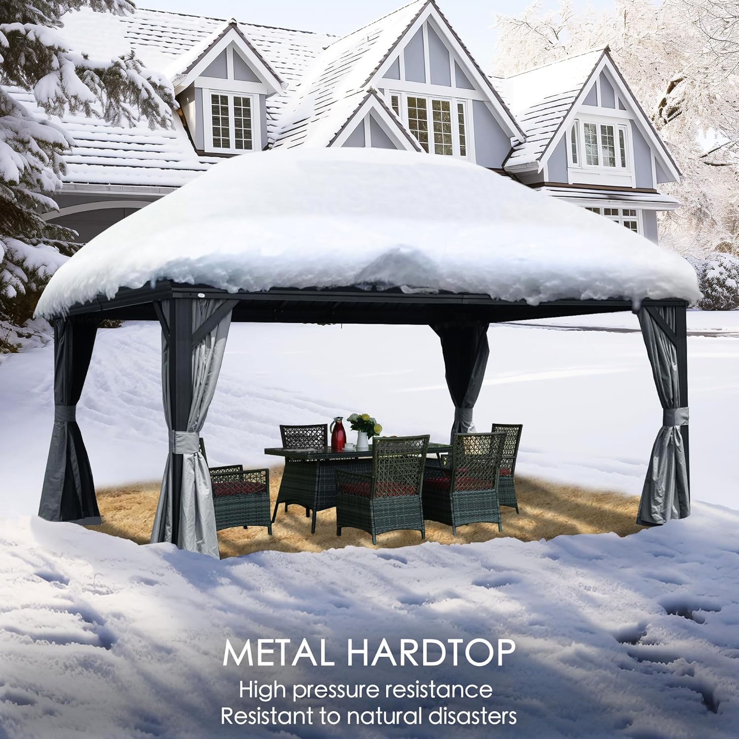 Kozyard Alexander 10' X 12' Hardtop, Aluminum Metal Gazebo with Galvanized Steel Double Roof Canopy, Curtain and Netting, Permanent Pavilion for Patio, Backyard, Deck, Lawn (Gray)