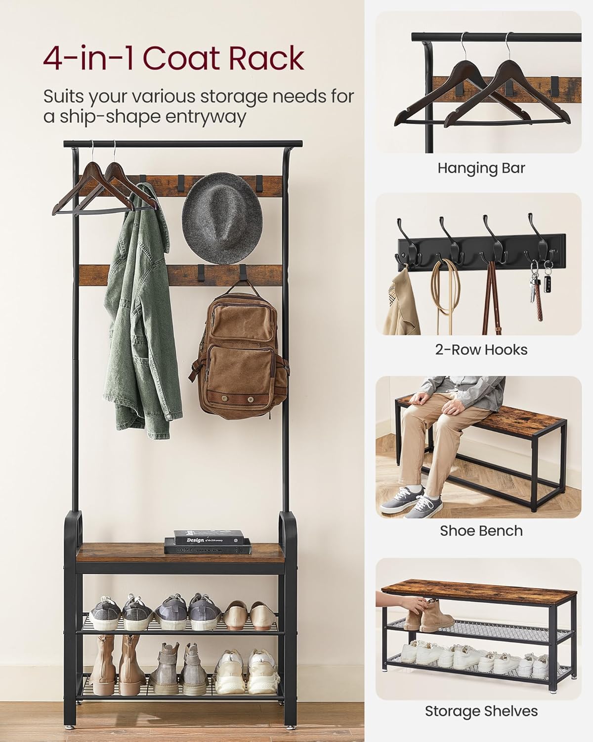 VASAGLE Shoe Bench, Storage Bench with Cupboard and 9 Open Compartments, Shoe Shelf, Padded Seat, Barn Door, 11.8 x 43.3 x 18.9 Inches, Rustic Brown ULHS058X01