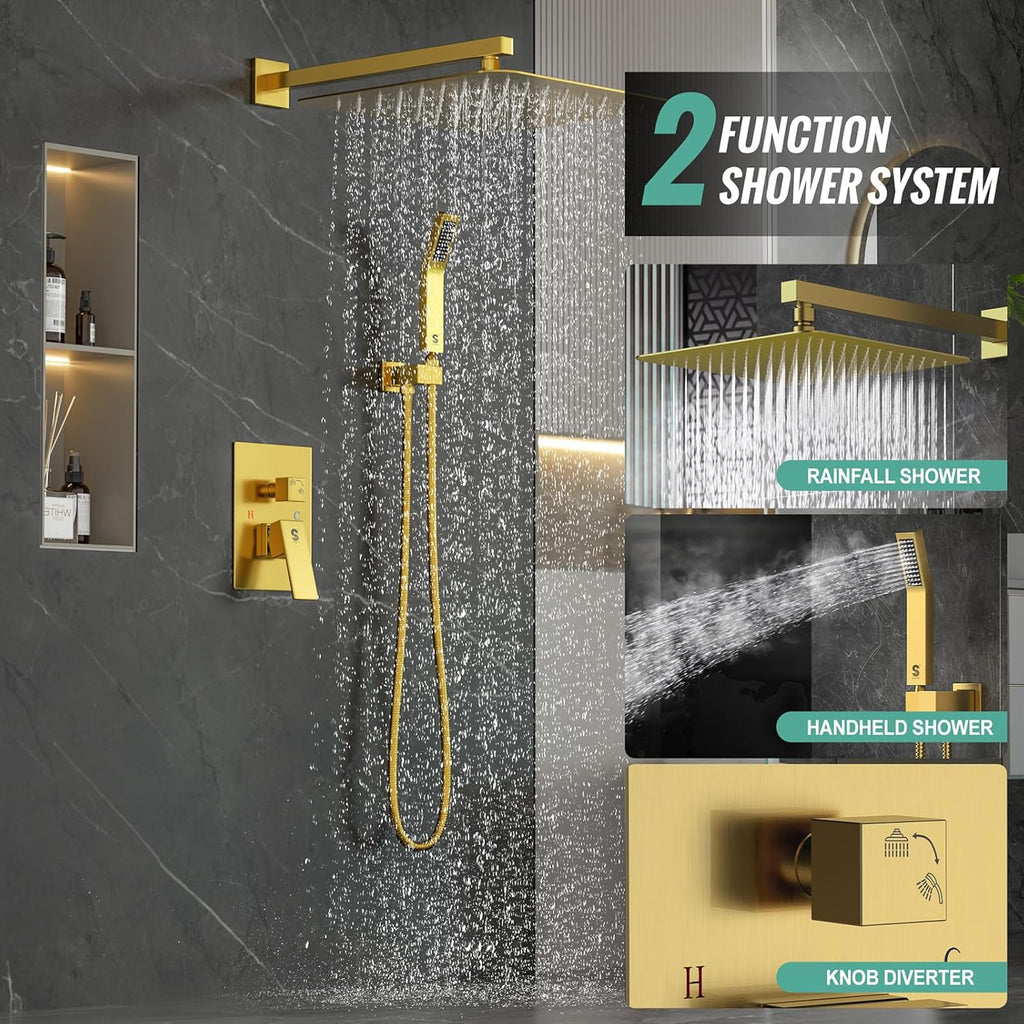 SR SUN RISE 12 Inches Matte Black Shower System 12 Inch Brass Bathroom Luxury Rain Mixer Shower Combo Set Wall Mounted Rainfall Shower Head System Shower Faucet Rough-in Valve Body and Trim Included