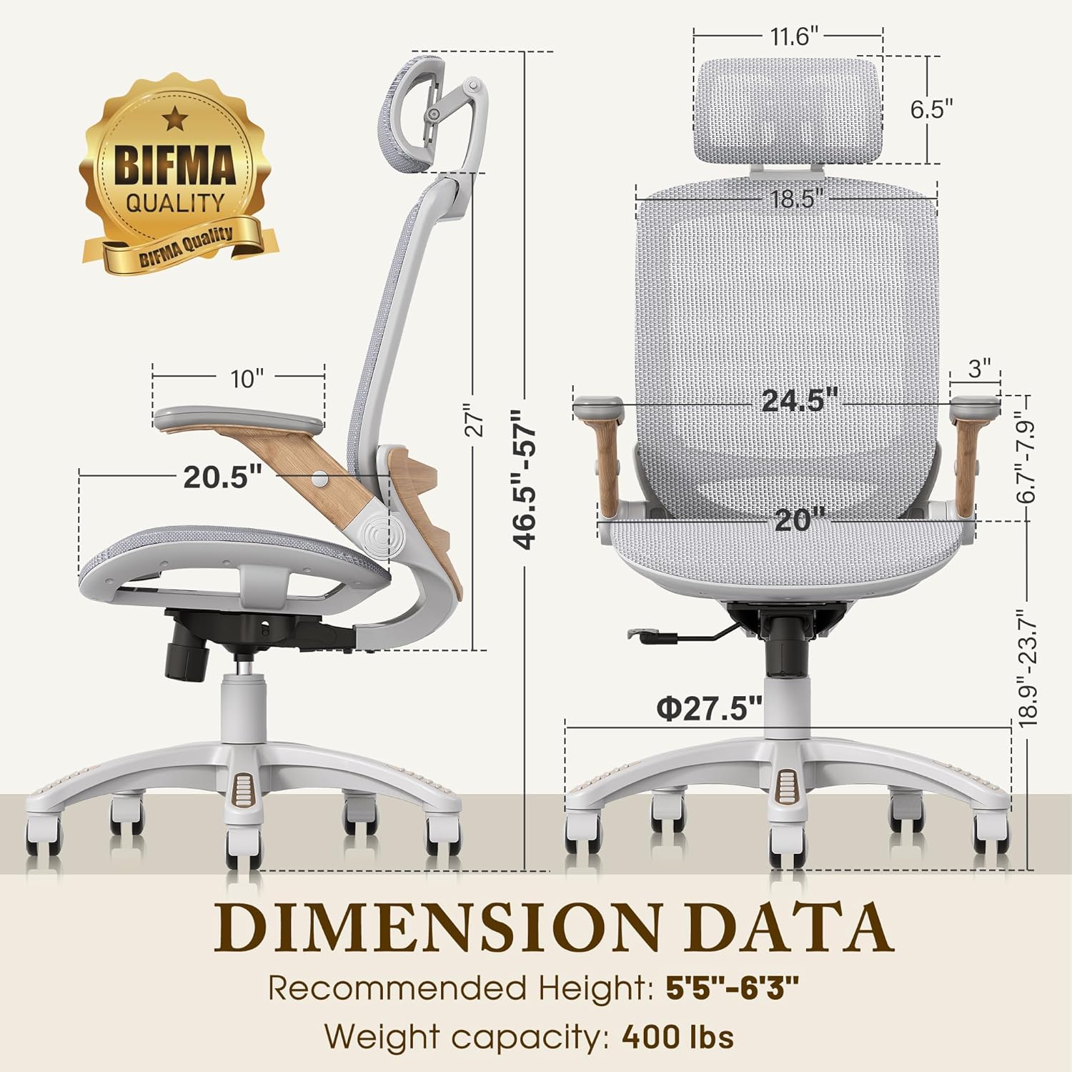 GABRYLLY Ergonomic Office Chair, High Back Home Desk Chair with Headrest, Flip-Up Arms, 90-120° Tilt Lock and Wide Cushion, Big and Tall Mesh Chairs for Man Woman, Grey Task Chair